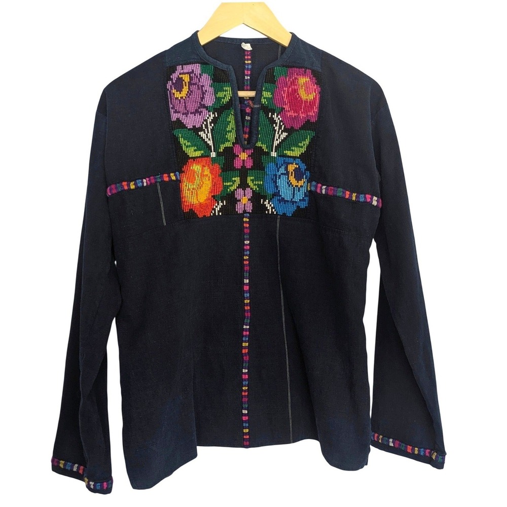 Vintage 70s Guatemalan Folk Shirt Indigo Huipil Cotton Embroidered Hippie Top